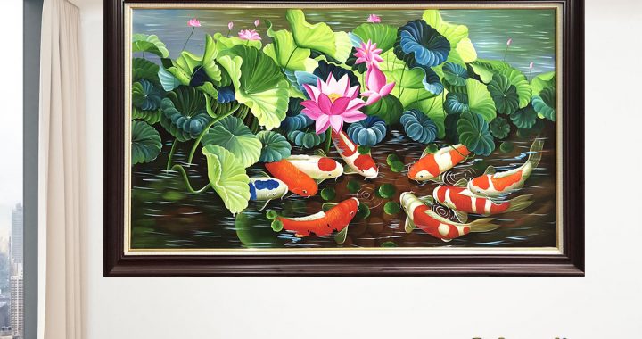 Bức tranh sơn dầu đẹp vẽ cá chép hoa sen