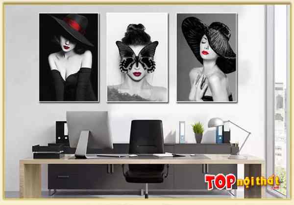 Tranh canvas hình cô gái 3 tấm đen trắng treo phòng làm việc TraTop-3553