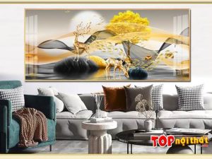 Tranh tráng gương 3D phòng khách hươu vàng hiện đại TraTop-3173